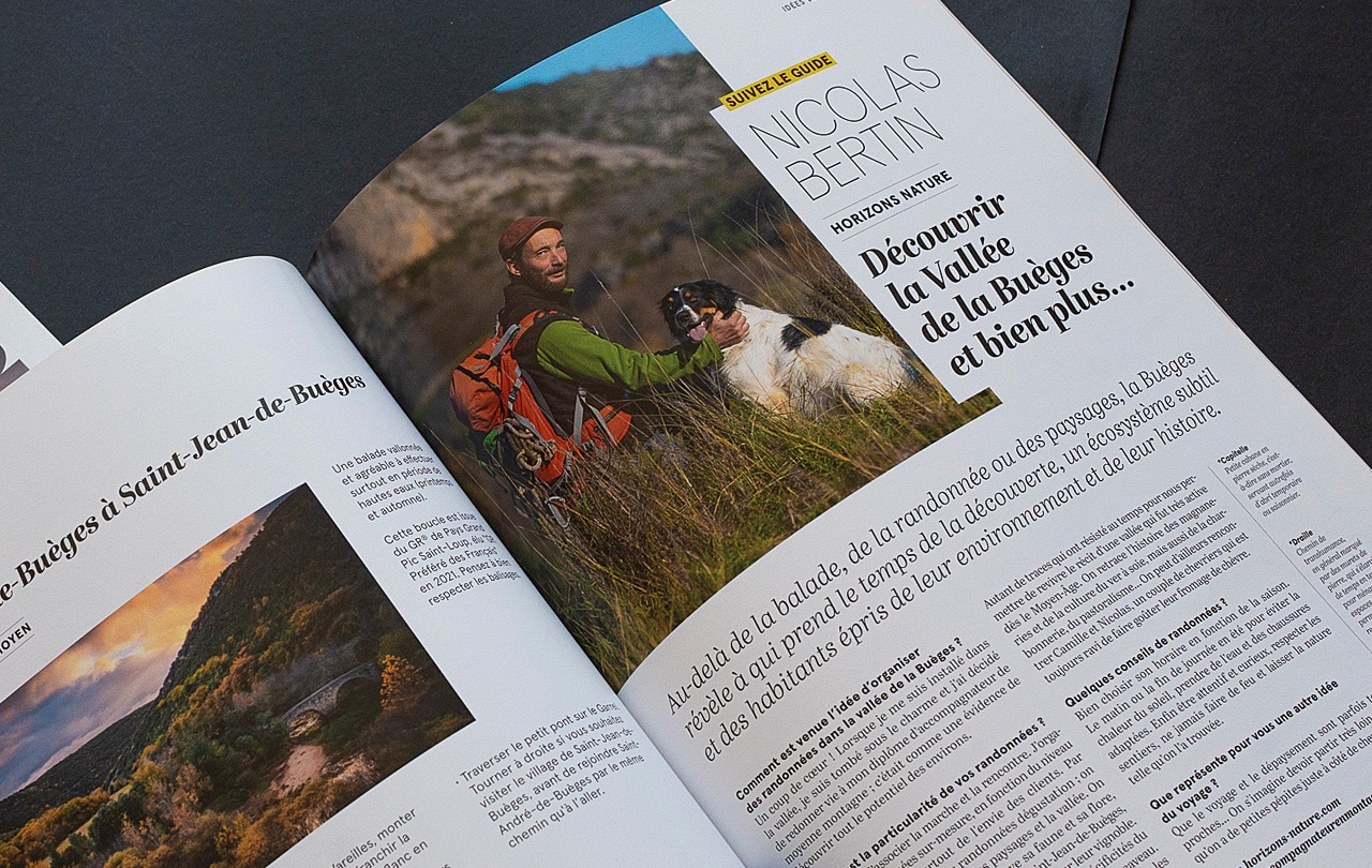 Double page randonn&eacute;e du magazine Itin&eacute;rances : suivez le guide dans la vall&eacute;e de la Bu&egrave;ges