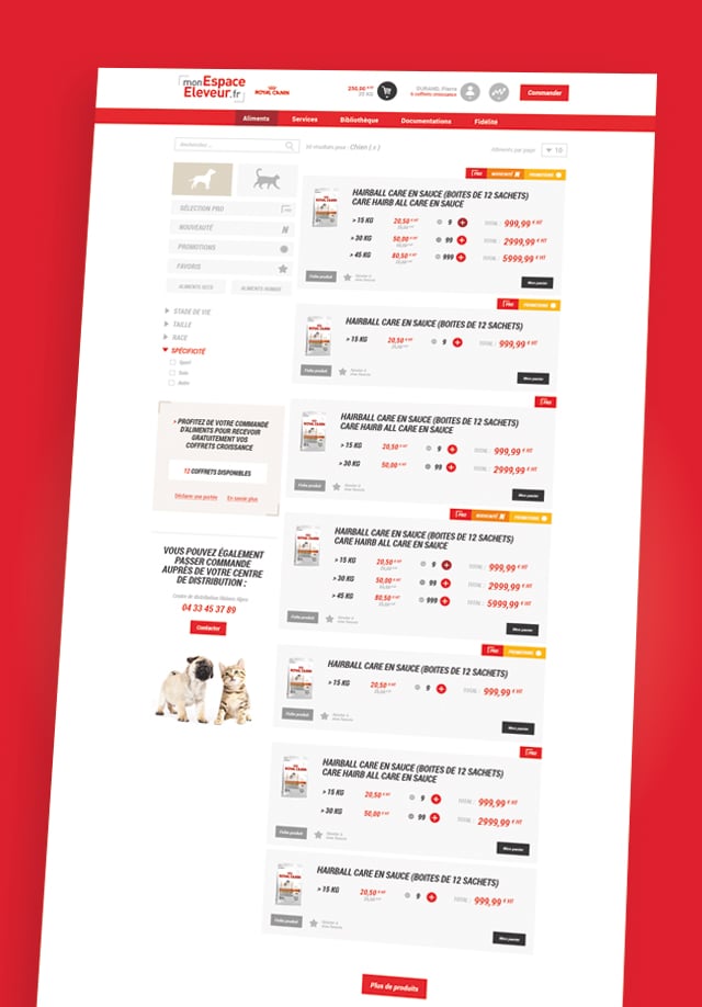 Maquette d&rsquo;&eacute;cran monespaceeleveur&nbsp;: services et promotions pour les &eacute;leveurs Royal Canin